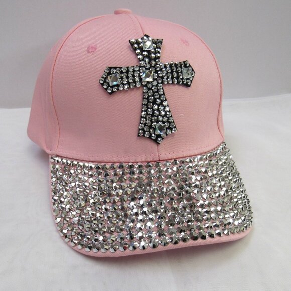 Women's Pink Bling Sparkle Rhinestone Baseball Hat Cap With Cross Design New - Picture 2 of 6
